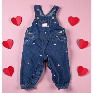 Oshkosh Denim Overalls Embroidered Pink Hearts Baby Girl Sz 9 Mos Vest Back Bibs